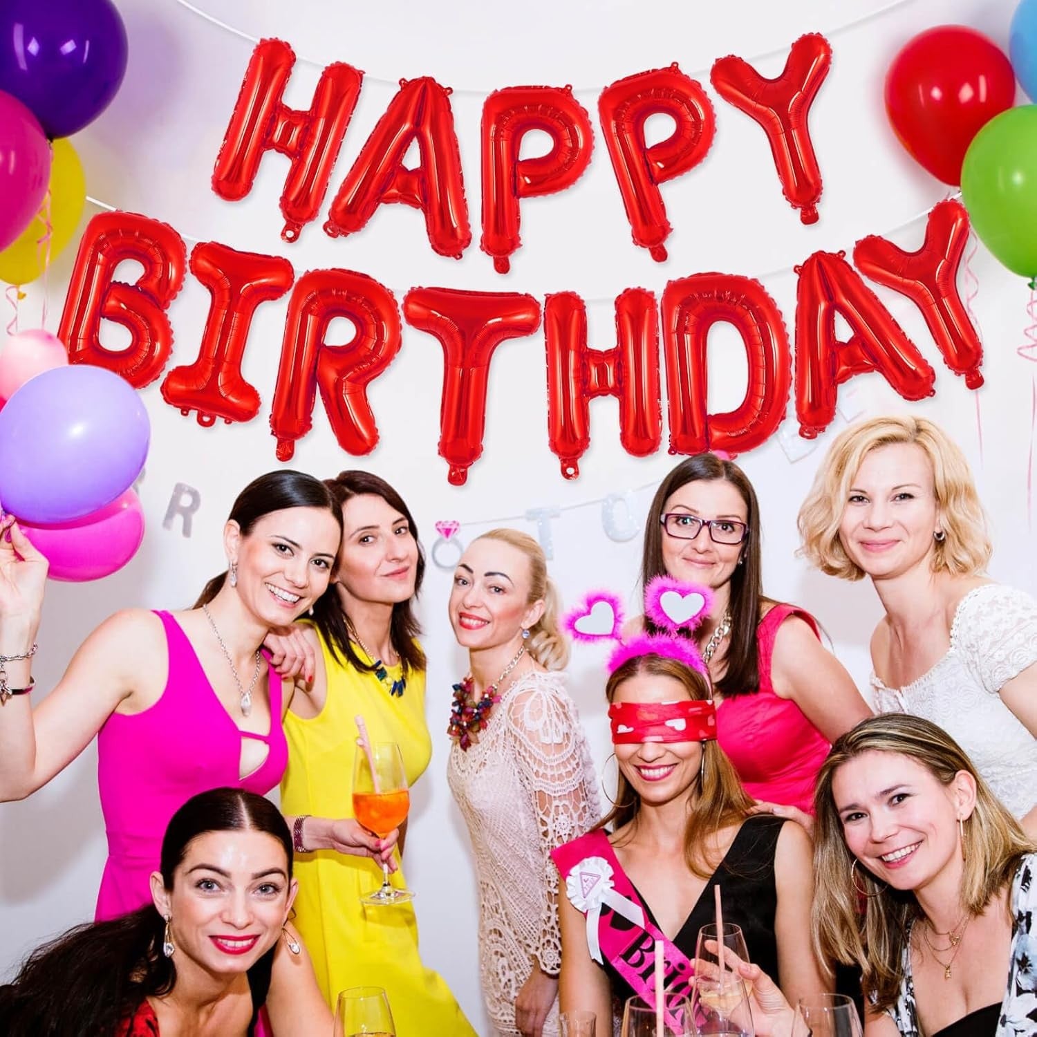 Set Baloane din Folie Metalizata, ANGELBEAR, Model Happy Birthday, Litere de 40 cm, Baloane Party, Ambalaj Individual, Pai, Ata si Adeziv Incluse, Umflare cu Aer sau Heliu, Rosu