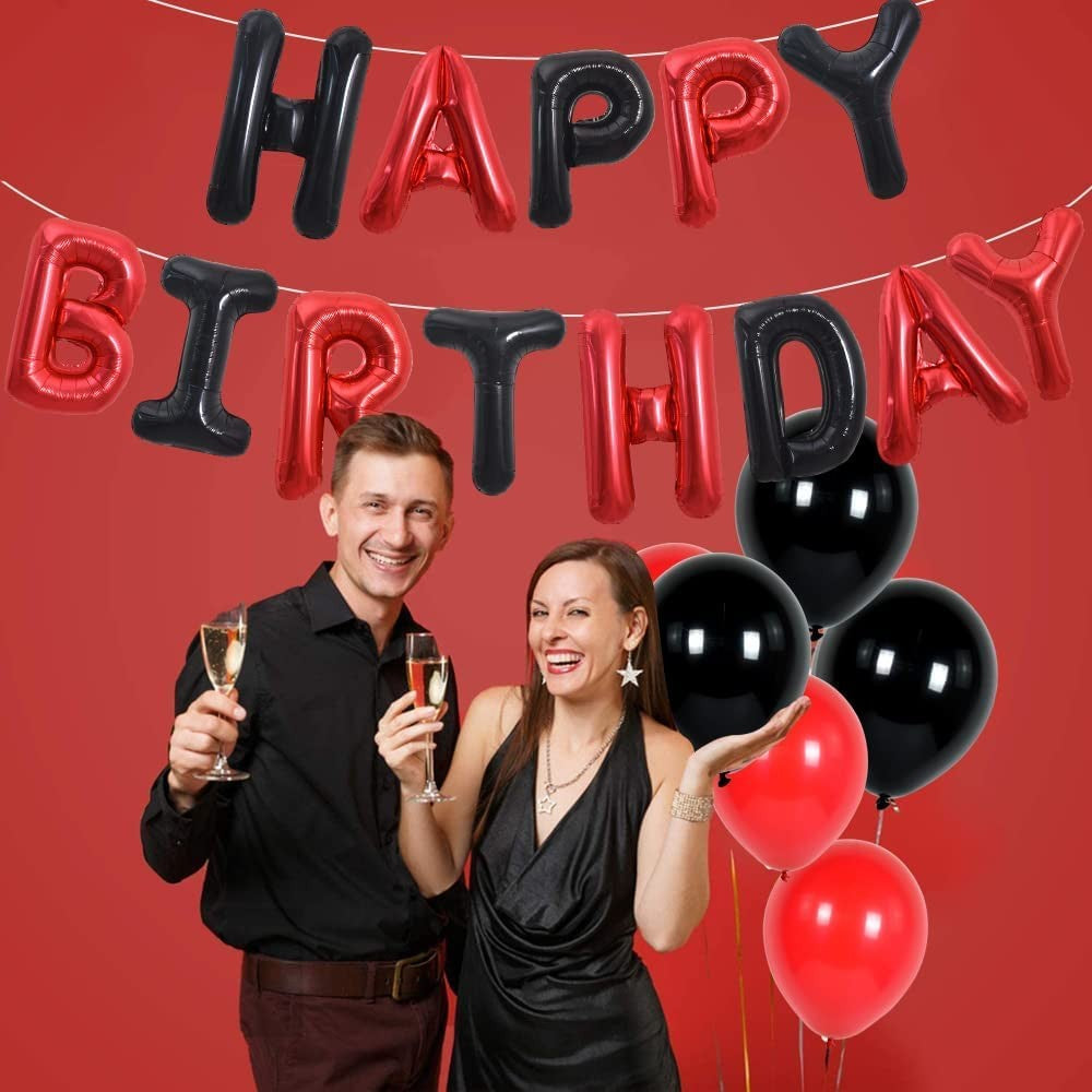 Set Baloane din Folie Metalizata, ANGELBEAR, Model Happy Birthday, Litere de 40 cm, Baloane Party, Ambalaj Individual, Pai, Ata si Adeziv Incluse, Umflare cu Aer sau Heliu, Rosu-Negru