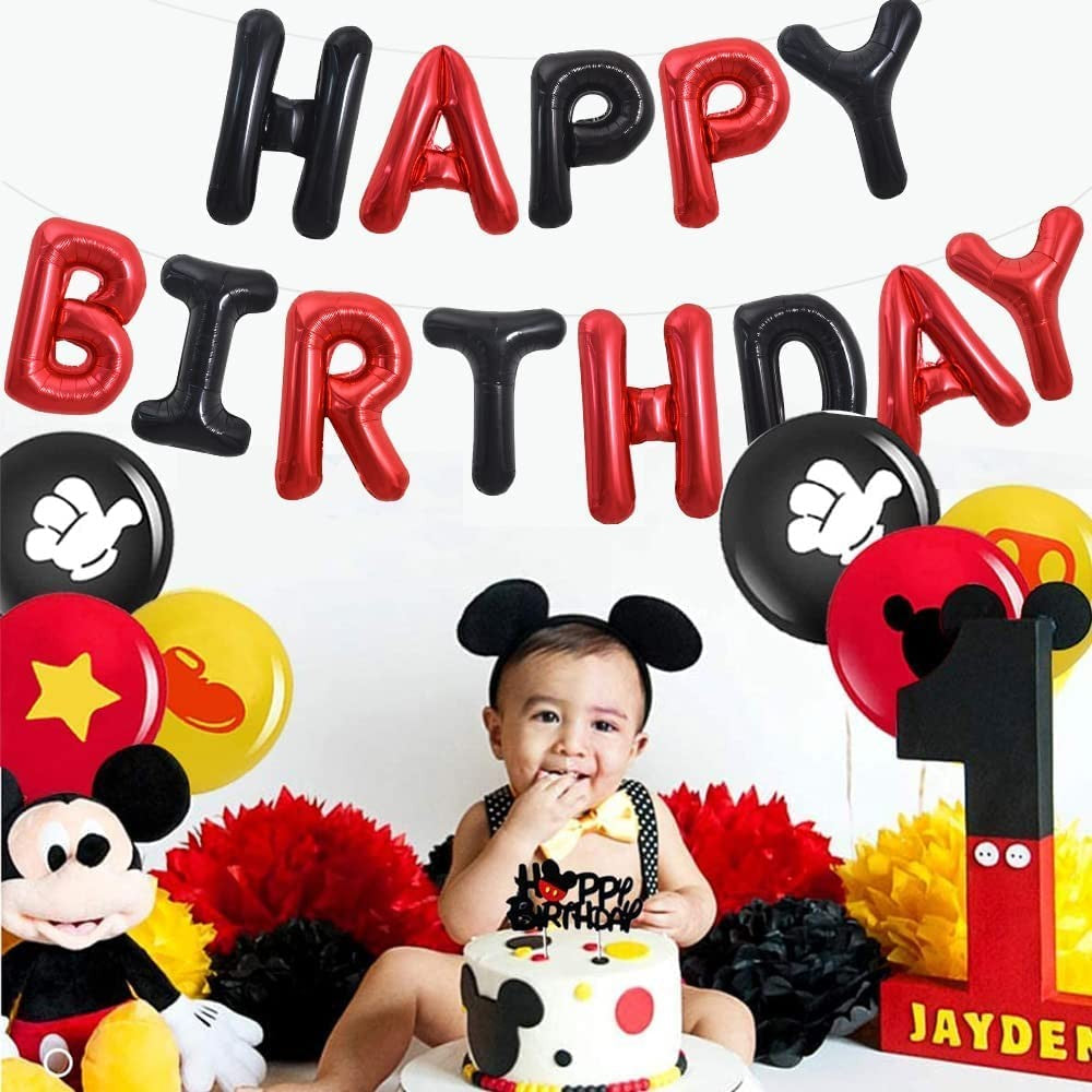 Set Baloane din Folie Metalizata, ANGELBEAR, Model Happy Birthday, Litere de 40 cm, Baloane Party, Ambalaj Individual, Pai, Ata si Adeziv Incluse, Umflare cu Aer sau Heliu, Rosu-Negru