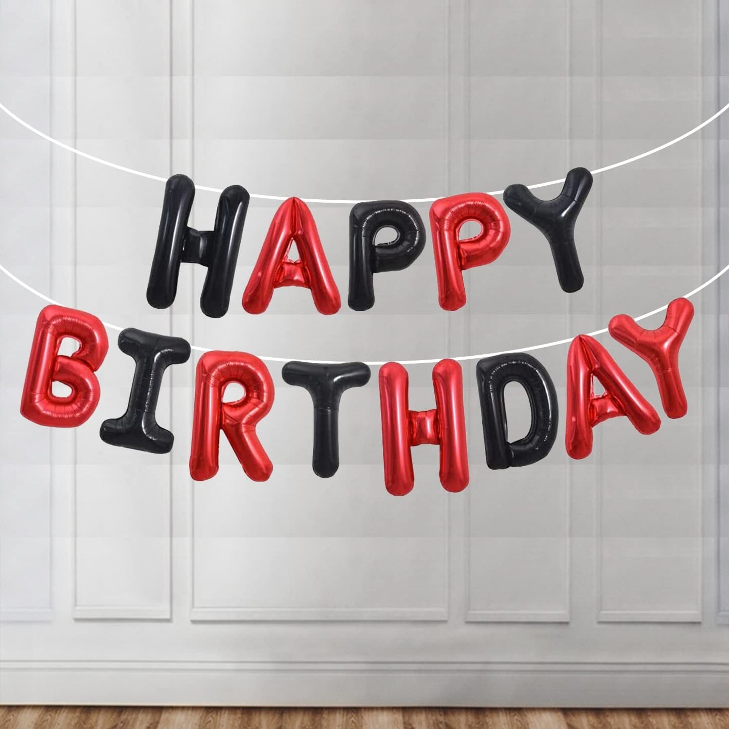 Set Baloane din Folie Metalizata, ANGELBEAR, Model Happy Birthday, Litere de 40 cm, Baloane Party, Ambalaj Individual, Pai, Ata si Adeziv Incluse, Umflare cu Aer sau Heliu, Rosu-Negru
