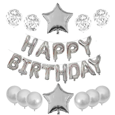 Set 25 de Baloane din Folie Metalizata si Latex, ANGELBEAR, Figurine 2 Stele, 4 Baloane Confetti, 13 Litere, 6 Latex, Model Happy Birthday, Tema Aniversare, 40 cm, Ambalaj Individual, Pai Inclus, Umflare cu Aer sau Heliu, Bej