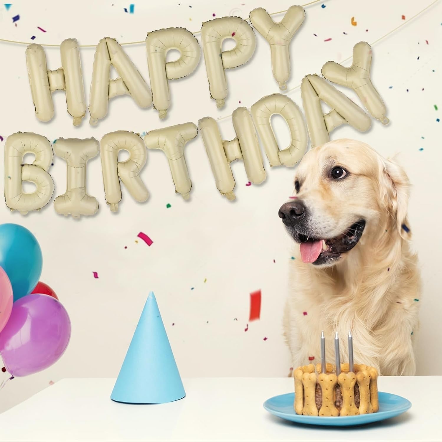 Set 25 de Baloane din Folie Metalizata si Latex, ANGELBEAR, Figurine 2 Stele, 4 Baloane Confetti, 13 Litere, 6 Latex, Model Happy Birthday, Tema Aniversare, 40 cm, Ambalaj Individual, Pai Inclus, Umflare cu Aer sau Heliu, Bej