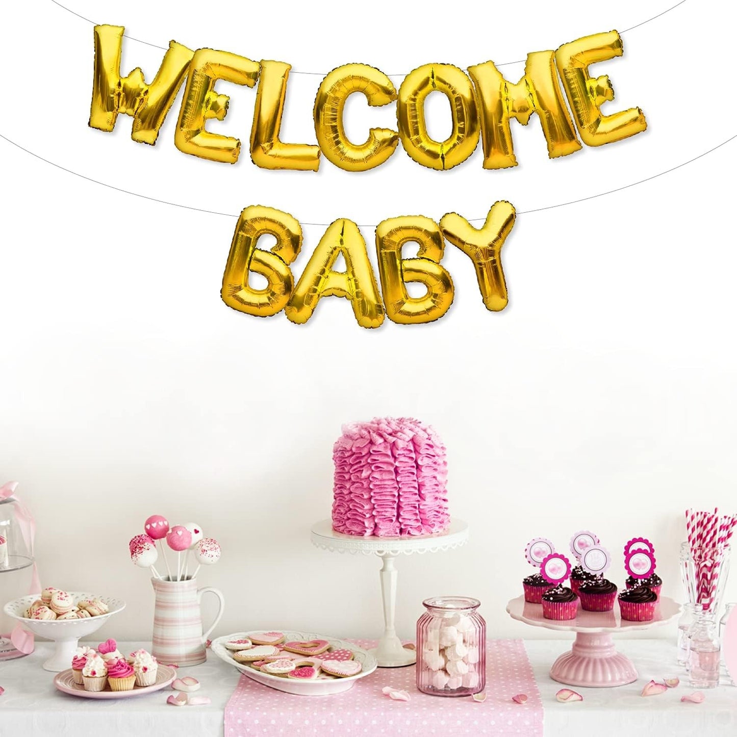 Set Baloane din Folie Metalizata, ANGELBEAR, Model Welcome Baby, Litere de 40 cm, Baloane Party, Ambalaj Individual, Pai, Ata si Adeziv Incluse, Umflare cu Aer sau Heliu, Auriu
