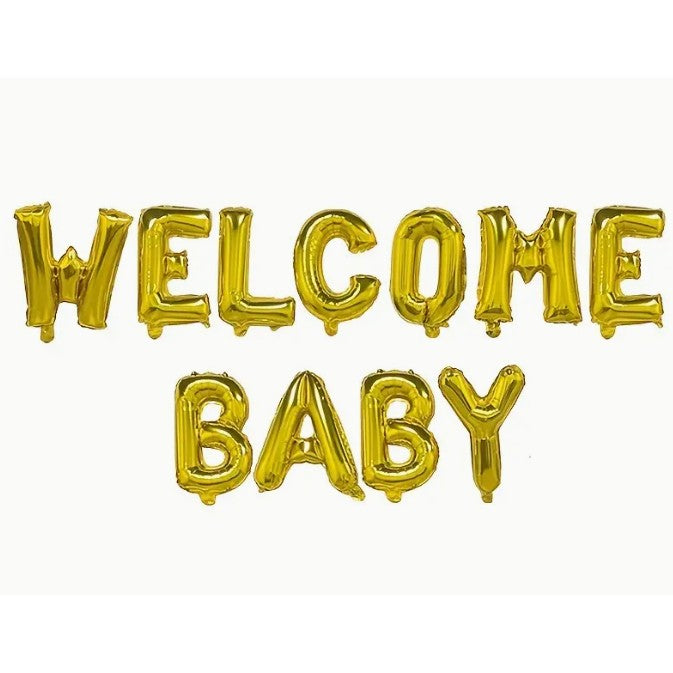 Set Baloane din Folie Metalizata, ANGELBEAR, Model Welcome Baby, Litere de 40 cm, Baloane Party, Ambalaj Individual, Pai, Ata si Adeziv Incluse, Umflare cu Aer sau Heliu, Auriu