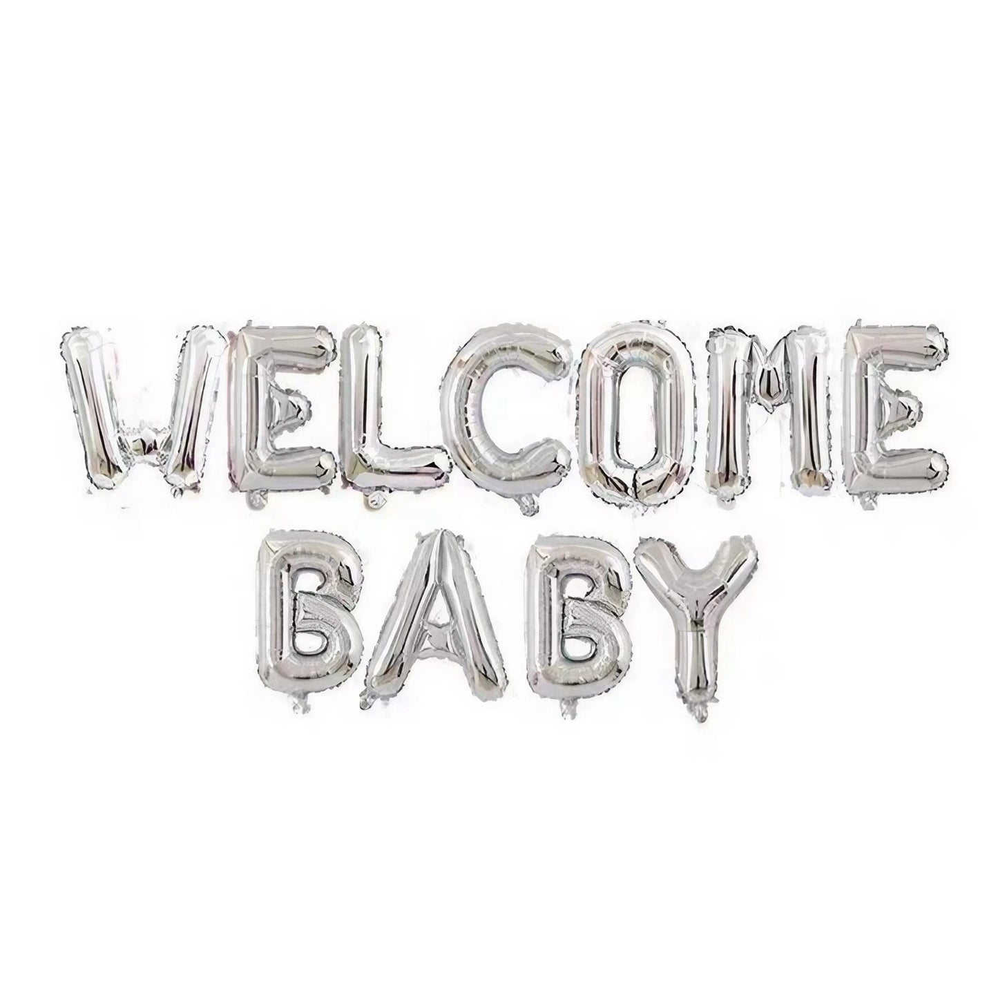 Set Baloane din Folie Metalizata, ANGELBEAR, Figurine Litere, Model Welcome Baby, Tema Aniversare, 40 cm, Ambalaj Individual, Pai inclus, Umflare cu Aer sau Heliu, Argintiu