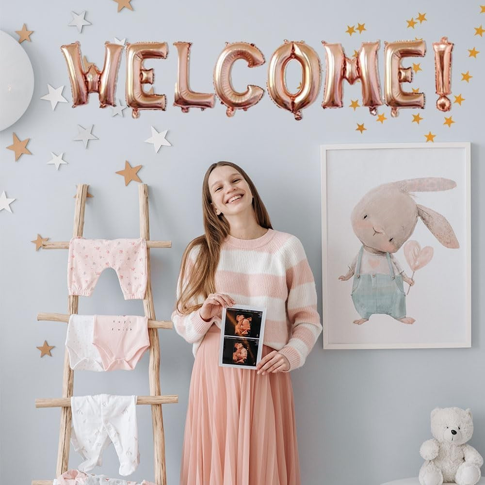 Set Baloane din Folie Metalizata, ANGELBEAR, Model WELCOME!, Litere de 40 cm, Baloane Party, Ambalaj Individual, Pai Inclus, Umflare cu Aer sau Heliu, Roz