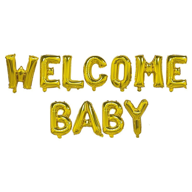Set Baloane din Folie Metalizata, ANGELBEAR, Model Welcome Baby, Litere de 40 cm, Baloane Party, Ambalaj Individual, Pai, Ata si Adeziv Incluse, Umflare cu Aer sau Heliu, Auriu