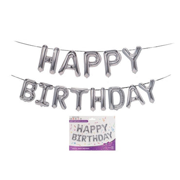 Set 13 Baloane Folie, ANGELBEAR, Tip Ghirlanda, Model Happy Birthday, 40 cm, Argintiu