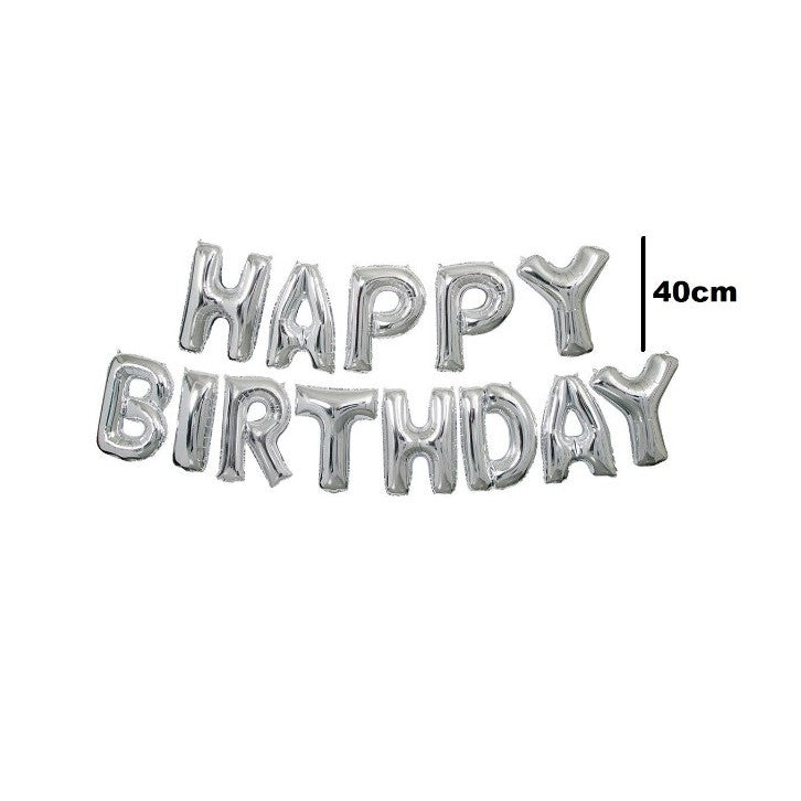 Set 13 Baloane Folie, ANGELBEAR, Tip Ghirlanda, Model Happy Birthday, 40 cm, Argintiu