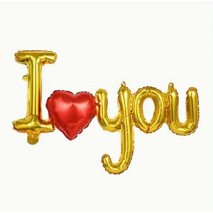 Set Baloane Folie Metalizata, ANGELBEAR, Model I LOVE YOU cu Inimioara, 54x97 cm, Tematica Ziua Îndrăgostiților, Ambalaj Individual, Pai Inclus, Umflare cu Aer sau Heliu, Auriu