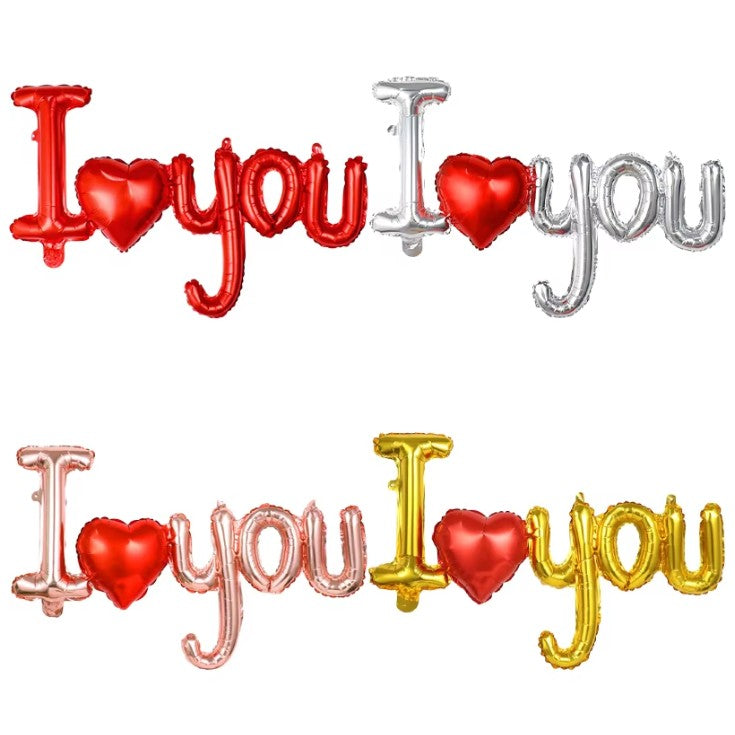 Set Baloane Folie Metalizata, ANGELBEAR, Model I LOVE YOU cu Inimioara, 54x97 cm, Tematica Ziua Îndrăgostiților, Ambalaj Individual, Pai Inclus, Umflare cu Aer sau Heliu, Auriu