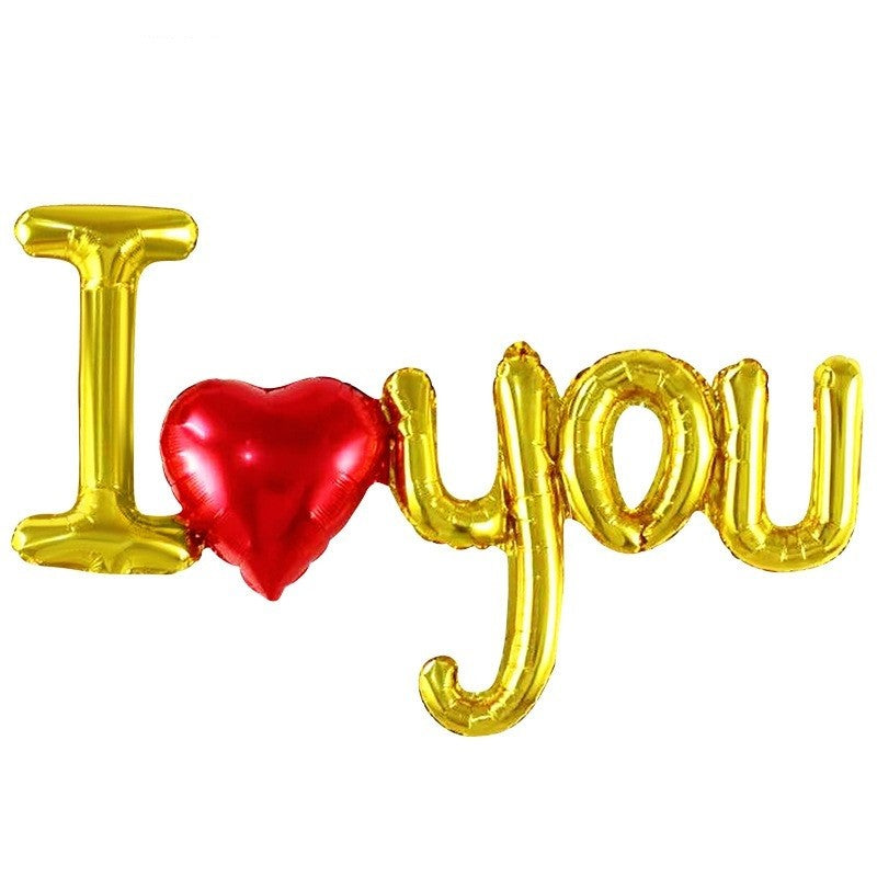 Set Baloane Folie Metalizata, ANGELBEAR, Model I LOVE YOU cu Inimioara, 54x97 cm, Tematica Ziua Îndrăgostiților, Ambalaj Individual, Pai Inclus, Umflare cu Aer sau Heliu, Auriu
