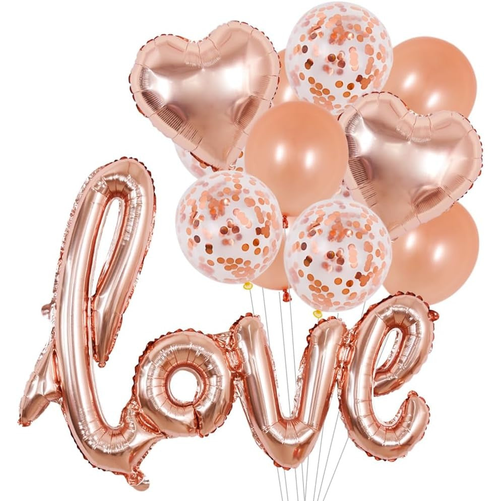 Balon din Folie Metalizata, ANGELBEAR, Model Love scris de mana, 102x65 cm, Tematica Ziua Îndrăgostiților, Ambalaj Individual, Pai Inclus, Umflare cu Aer sau Heliu, Rose Gold