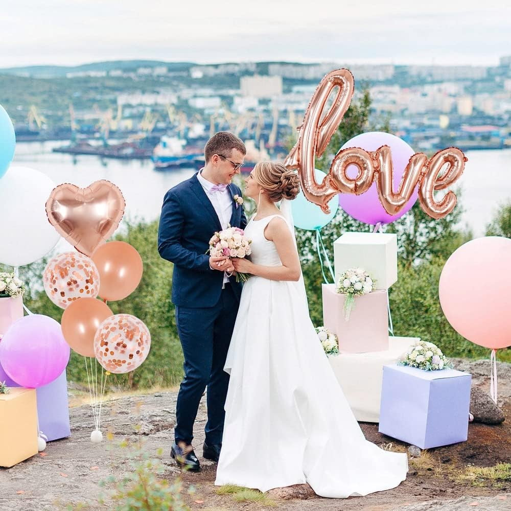 Balon din Folie Metalizata, ANGELBEAR, Model Love scris de mana, 102x65 cm, Tematica Ziua Îndrăgostiților, Ambalaj Individual, Pai Inclus, Umflare cu Aer sau Heliu, Rose Gold