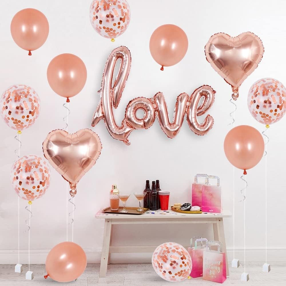 Balon din Folie Metalizata, ANGELBEAR, Model Love scris de mana, 102x65 cm, Tematica Ziua Îndrăgostiților, Ambalaj Individual, Pai Inclus, Umflare cu Aer sau Heliu, Rose Gold