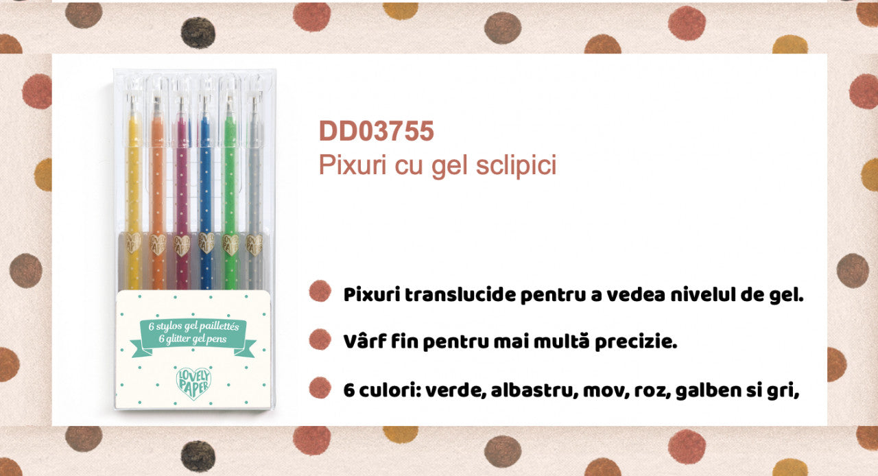 Set cu 6 roll-gel (markere) cu sclipici, Djeco
