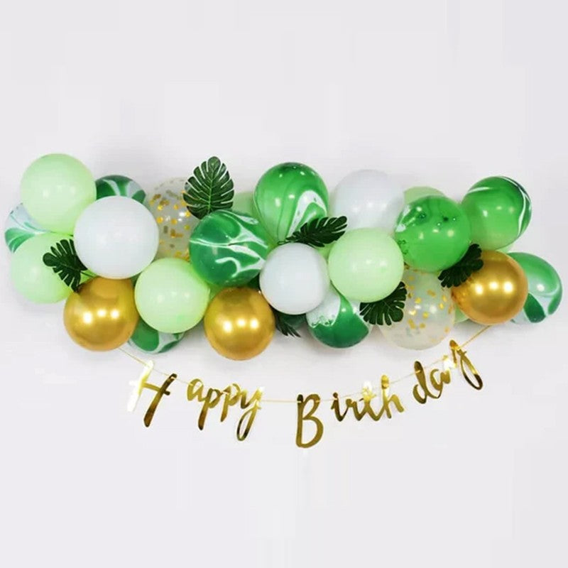 Baloane decorative din Latex si Banner Happy Birthday, ANGELBEAR, Model Aniversare, Set 37 de Piese, Verde, Auriu, Alb