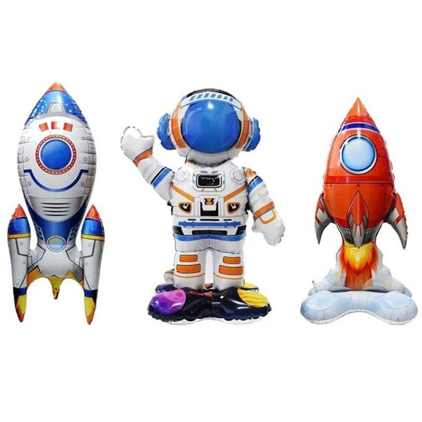Baloane din Folie Metalizata, ANGELBEAR, set 3 Baloane pentru Baieti, Model Astronaut 49 x 69 cm, Racheta Alba 31 x 61 cm, Racheta Rosie 36 x 69 cm, Pai din carton inclus, Multicolor