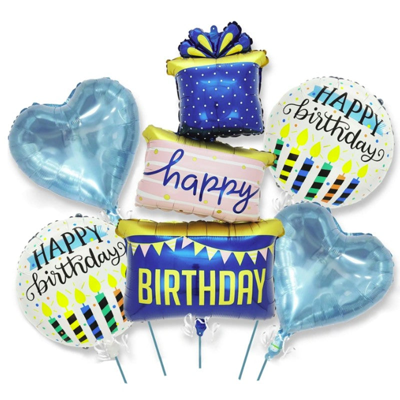 Baloane pentru aniversare, ANGELBEAR, tematica Happy Birthday, set 5 baloane, 1 Cadouri, 2 inimi, 2 rotunde, din folie de aluminiu, pai de carton inclus, 60 x 124 cm Albastru