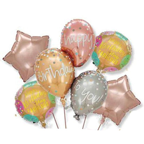 Baloane pentru aniversare, ANGELBEAR, tematica Happy Birthday, set 7 baloane, 3 in1 Balon 86 x 110 cm, 2 Stele, 2 Rotunde, din folie de aluminiu, pai de carton inclus, Multicolor