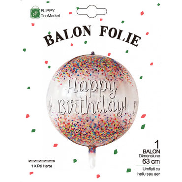 Balon din Folie Metalizata, ANGELBEAR, Figurina Rotunda 4D, Model Happy Birthday, Tema Aniversare, 24 x 63 cm, Ambalaj Individual, Pai inclus, Umflare cu Aer sau Heliu, Maro