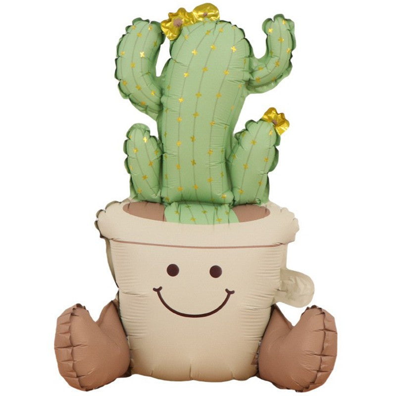 Balon din Folie Metalizata, ANGELBEAR, Figurina Animata, Model Ghivechi Cactus, 57.5 x 56 cm, Ambalaj Individual, Pai Inclus, Umflare cu Aer sau Heliu, Verde