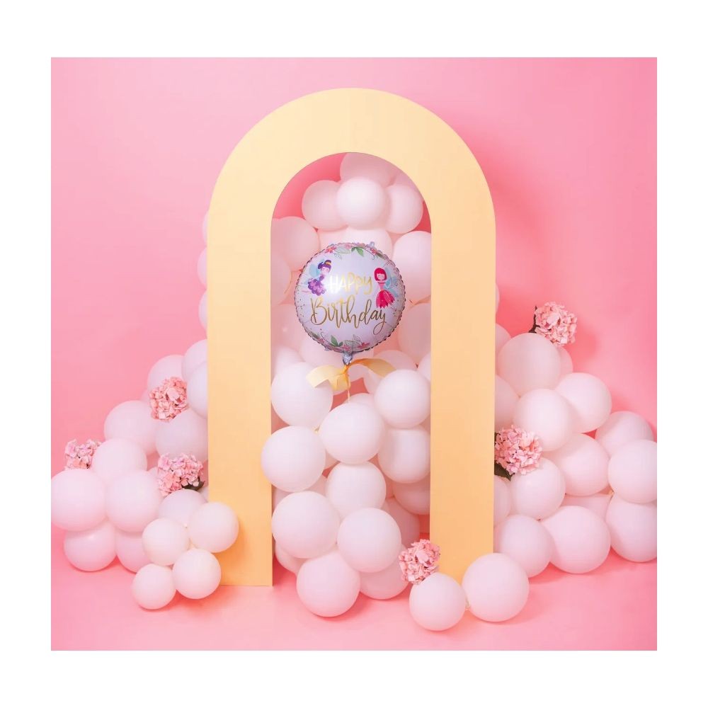 Balon din Folie Metalizata, ANGELBEAR, Figurina Cerc, Model Happy Birthday cu Zane, Tematica Aniversare, 45 cm, Ambalaj Individual, Pai Inclus, Umflare cu Aer sau Heliu, Multicolor