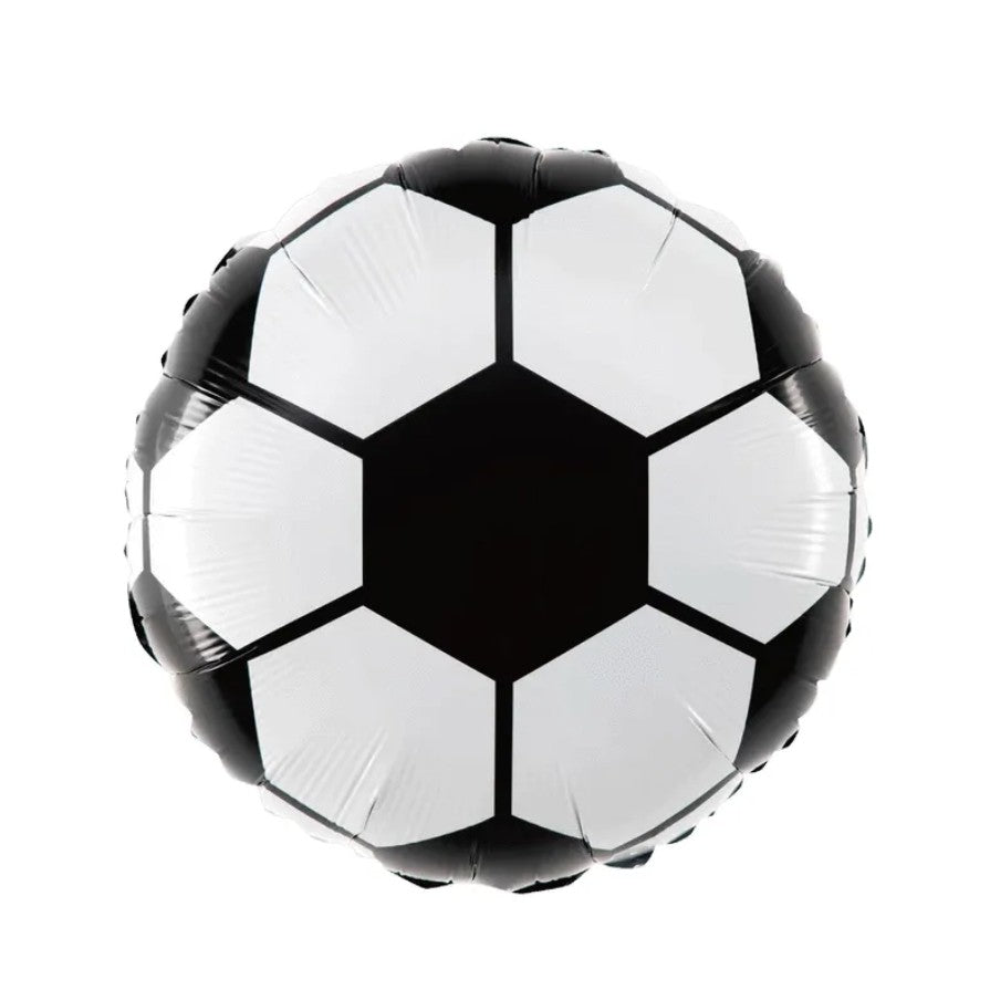 Balon din Folie Metalizata, ANGELBEAR, Figurina Cerc, Model Minge de Fotbal, Tematica Sport, 45 cm, Ambalaj Individual, Pai Inclus, Umflare cu Aer sau Heliu, Alb-Negru