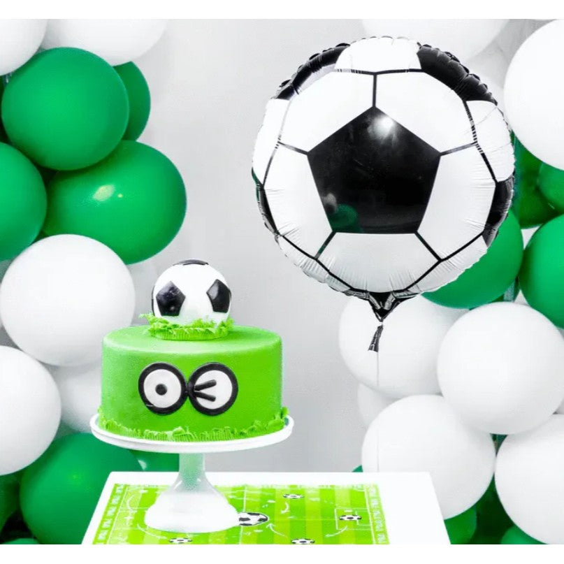 Balon din Folie Metalizata, ANGELBEAR, Figurina Cerc, Model Minge de Fotbal, Tematica Sport, 45 cm, Ambalaj Individual, Pai Inclus, Umflare cu Aer sau Heliu, Alb-Negru