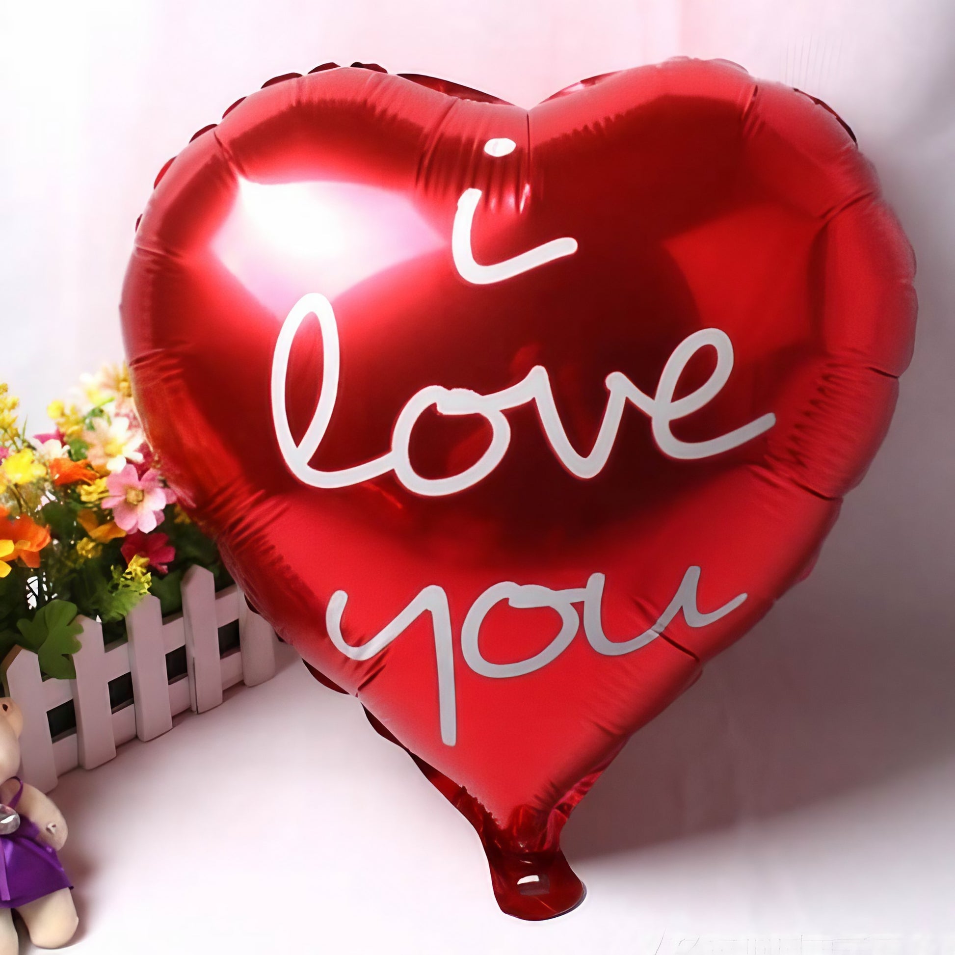 Balon din Folie Metalizata, ANGELBEAR, Figurina Inima, Model I Love You Scris de Mana, Tema Ziua Indragostitilor, 45 cm, Ambalaj Individual, Pai Inclus, Umflare cu Aer sau Heliu, Rosu