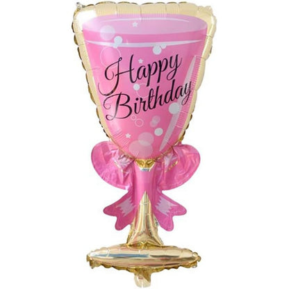 Balon din Folie Metalizata, ANGELBEAR, Figurina Pahar de Vin, Tema Aniversare, 93x48 cm, Ambalaj Individual, Pai Inclus, Umflare cu Aer sau Heliu, Roz