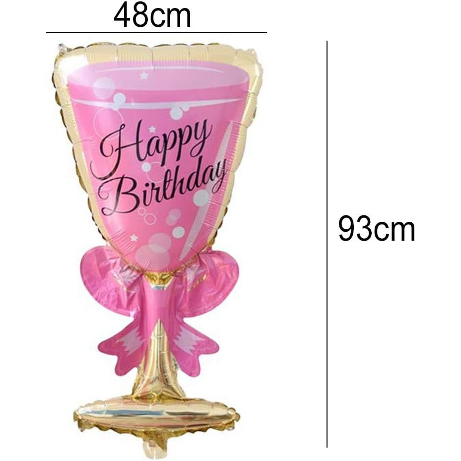 Balon din Folie Metalizata, ANGELBEAR, Figurina Pahar de Vin, Tema Aniversare, 93x48 cm, Ambalaj Individual, Pai Inclus, Umflare cu Aer sau Heliu, Roz