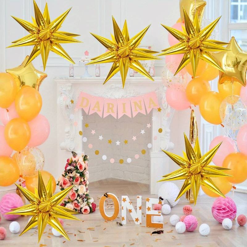 Balon din Folie Metalizata, ANGELBEAR, Figurina Stea 3D, 66 cm, Ambalaj Individual, Pai inclus, Umflare cu Aer sau Heliu, Auriu