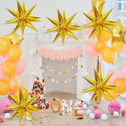 Balon din Folie Metalizata, ANGELBEAR, Figurina Stea 3D, 66 cm, Ambalaj Individual, Pai inclus, Umflare cu Aer sau Heliu, Auriu