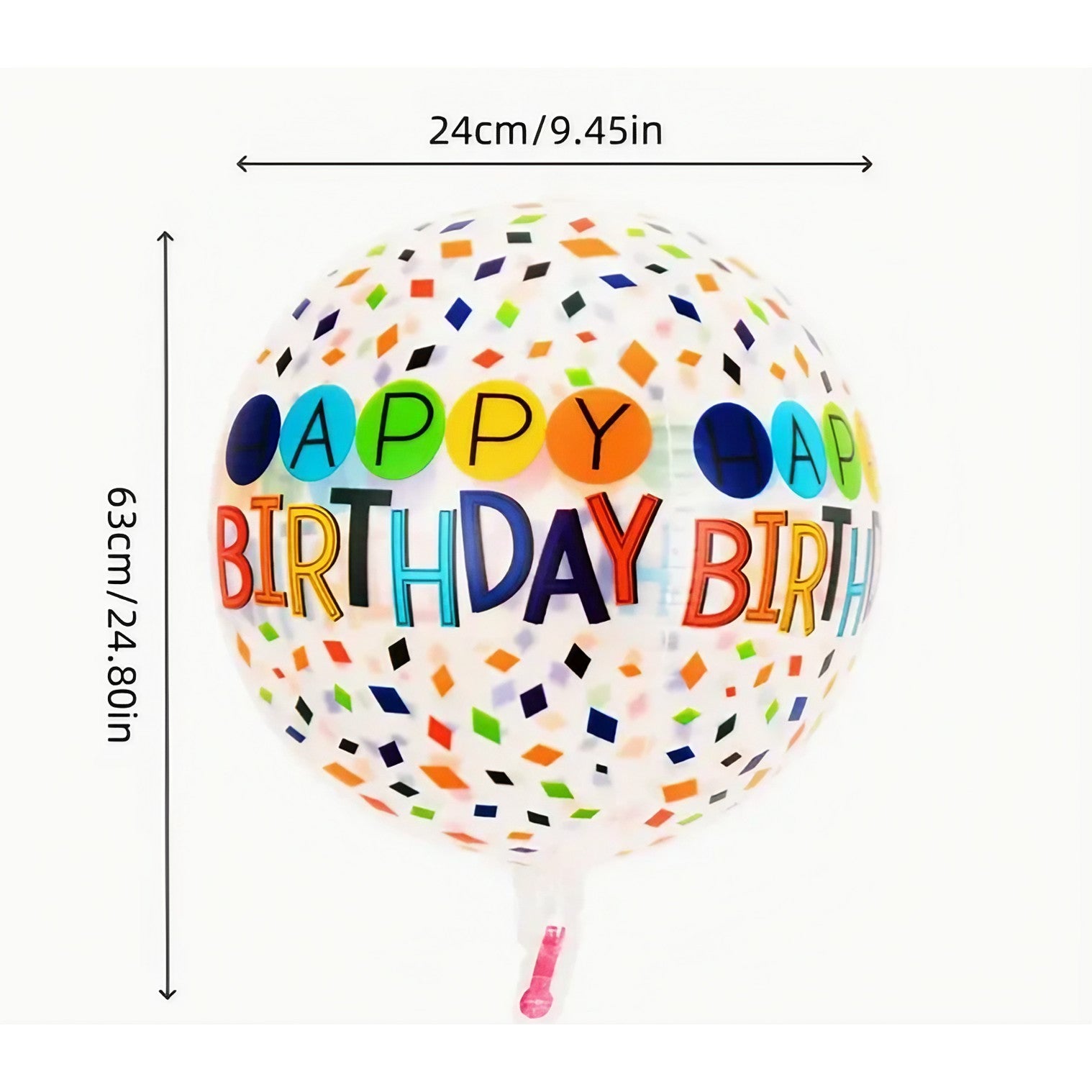 Balon din Folie Metalizata, ANGELBEAR, Figurine 4D, Model Happy Birthday, Tematica Aniversara Bombonele, 63x24 cm, Ambalaj Individual, Pai Inclus, Umflare cu Aer sau Heliu, Alb-Multicolor