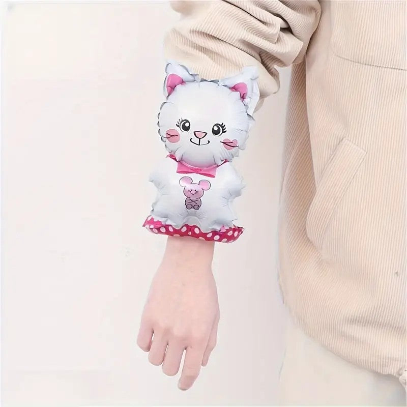 Balon din Folie Metalizata, ANGELBEAR, Figurine Animalute, Tip Bratara, Model Pisica, 13 x 35 cm, Ambalaj Individual, Pai Inclus, Umflare cu Aer sau Heliu, Alb