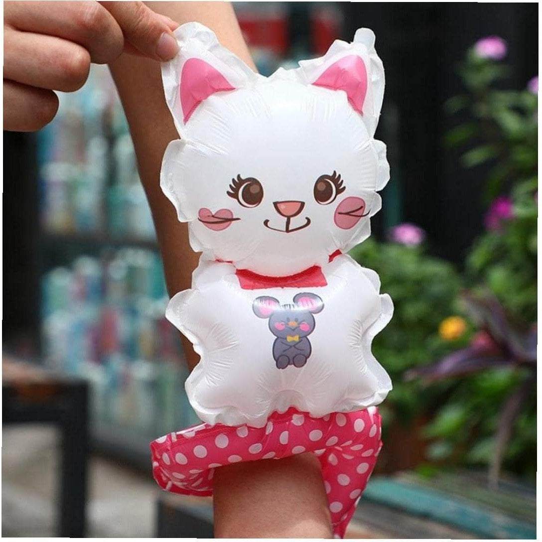 Balon din Folie Metalizata, ANGELBEAR, Figurine Animalute, Tip Bratara, Model Pisica, 13 x 35 cm, Ambalaj Individual, Pai Inclus, Umflare cu Aer sau Heliu, Alb