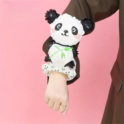 Balon din Folie Metalizata, ANGELBEAR, Figurine Animalute, Tip Bratara, Model Panda, 13 x 35 cm, Ambalaj Individual, Pai Inclus, Umflare cu Aer sau Heliu, Alb/Negru
