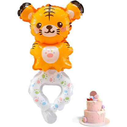 Balon din Folie Metalizata, ANGELBEAR, Figurine Animalute, Tip Bratara, Model Tigru, 17x34 cm, Ambalaj Individual, Pai Inclus, Umflare cu Aer sau Heliu, Maro