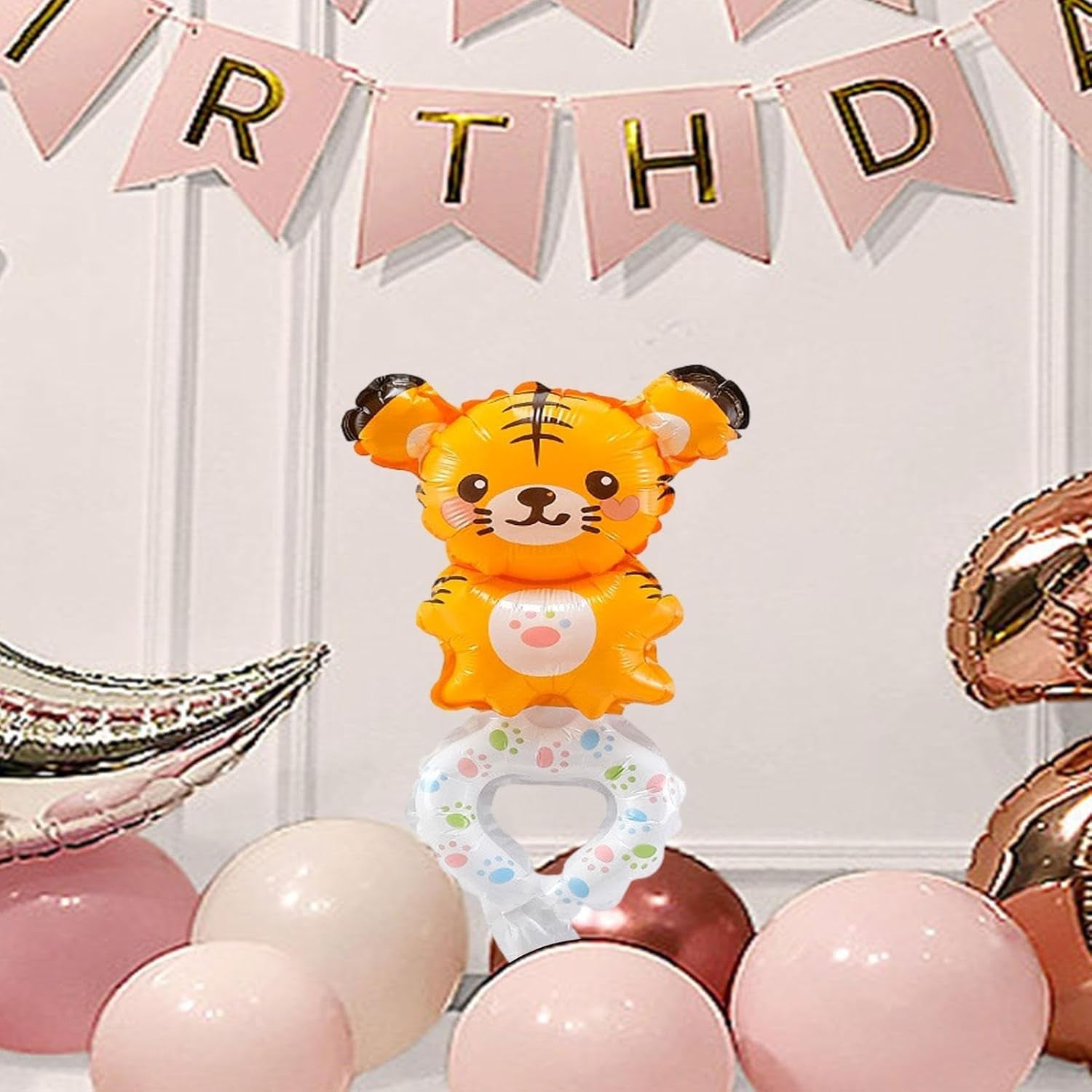 Balon din Folie Metalizata, ANGELBEAR, Figurine Animalute, Tip Bratara, Model Tigru, 17x34 cm, Ambalaj Individual, Pai Inclus, Umflare cu Aer sau Heliu, Maro