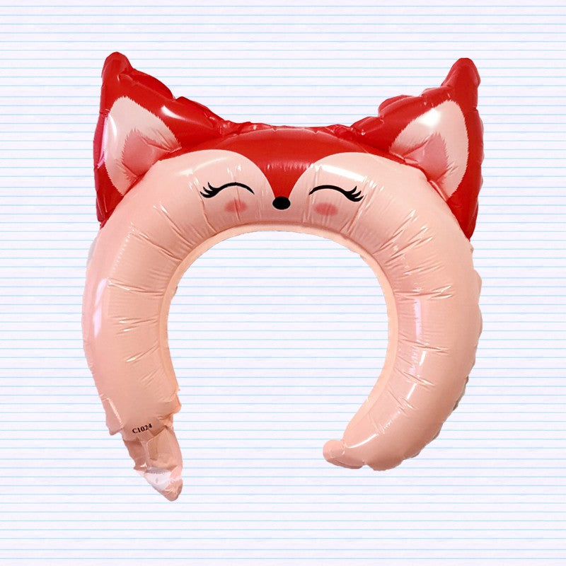 Balon din Folie Metalizata, ANGELBEAR, Tip Coronita cu Urechi, Model Vulpe, Ambalaj Individual, Pai Inclus, Umflare cu Aer sau Heliu, 27 x 29 cm, Rosu