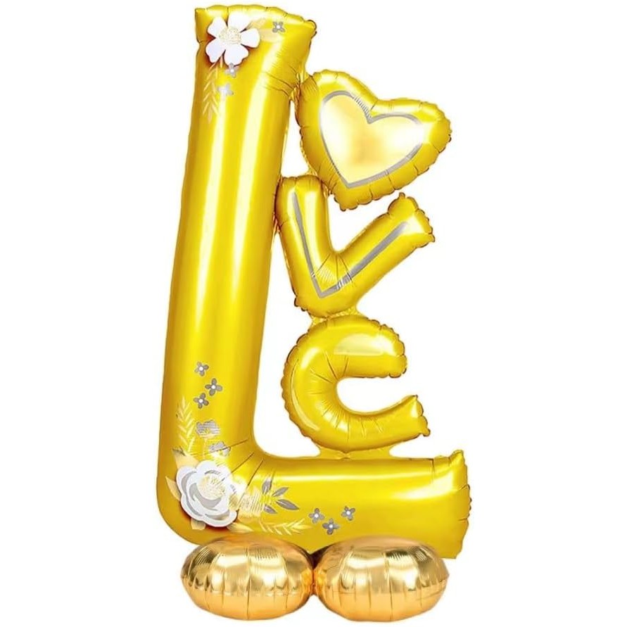 Balon din Folie Metalizata, ANGELBEAR, Figurine, Model LOVE, Tematica Iubire, 110x64 cm, Ambalaj Individual, Pai Inclus, Umflare cu Aer sau Heliu, Galben