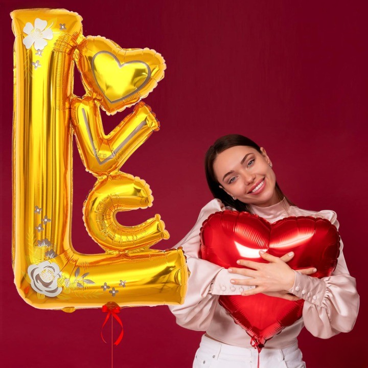 Balon din Folie Metalizata, ANGELBEAR, Figurine, Model LOVE, Tematica Iubire, 110x64 cm, Ambalaj Individual, Pai Inclus, Umflare cu Aer sau Heliu, Galben