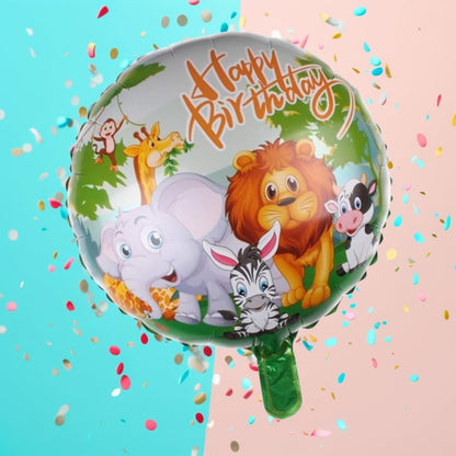 Balon din Folie Metalizata, ANGELBEAR, Mini Figurina Rotunda, Model Animalute, Happy Birthday, Tematica Aniversare, 45 cm, Ambalaj Individual, Pai Inclus, Umflare cu Aer sau Heliu, Multicolor