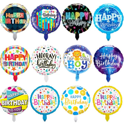 Balon din Folie Metalizata, ANGELBEAR, Mini Figurina Rotunda, Model Cer Instelat, Happy Birthday, Tematica Aniversare, 45 cm, Ambalaj Individual, Pai Inclus, Umflare cu Aer sau Heliu, Multicolor