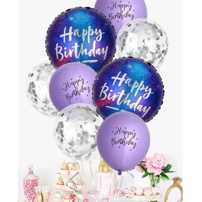 Balon din Folie Metalizata, ANGELBEAR, Mini Figurina Rotunda, Model Cer Instelat, Happy Birthday, Tematica Aniversare, 45 cm, Ambalaj Individual, Pai Inclus, Umflare cu Aer sau Heliu, Multicolor