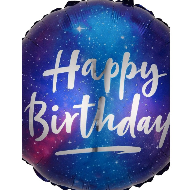 Balon din Folie Metalizata, ANGELBEAR, Mini Figurina Rotunda, Model Cer Instelat, Happy Birthday, Tematica Aniversare, 45 cm, Ambalaj Individual, Pai Inclus, Umflare cu Aer sau Heliu, Multicolor
