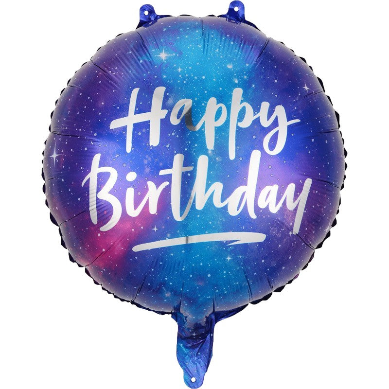 Balon din Folie Metalizata, ANGELBEAR, Mini Figurina Rotunda, Model Cer Instelat, Happy Birthday, Tematica Aniversare, 45 cm, Ambalaj Individual, Pai Inclus, Umflare cu Aer sau Heliu, Multicolor
