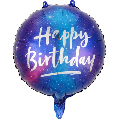 Balon din Folie Metalizata, ANGELBEAR, Mini Figurina Rotunda, Model Cer Instelat, Happy Birthday, Tematica Aniversare, 45 cm, Ambalaj Individual, Pai Inclus, Umflare cu Aer sau Heliu, Multicolor