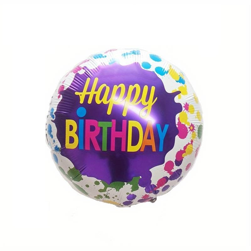 Set 3 Baloane din Folie Metalizata, ANGELBEAR, Mini Figurina Rotunda, Model Happy Birthday, 45 cm, Ambalaj Individual, Pai inclus, Umflare cu Aer sau cu Heliu, Multicolor